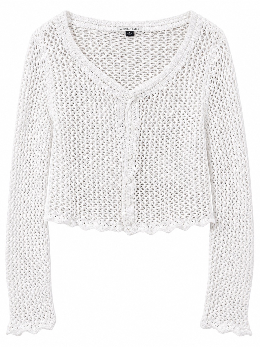 American Eagle Outfitters White Open-Weave Cropped Button Cardigan